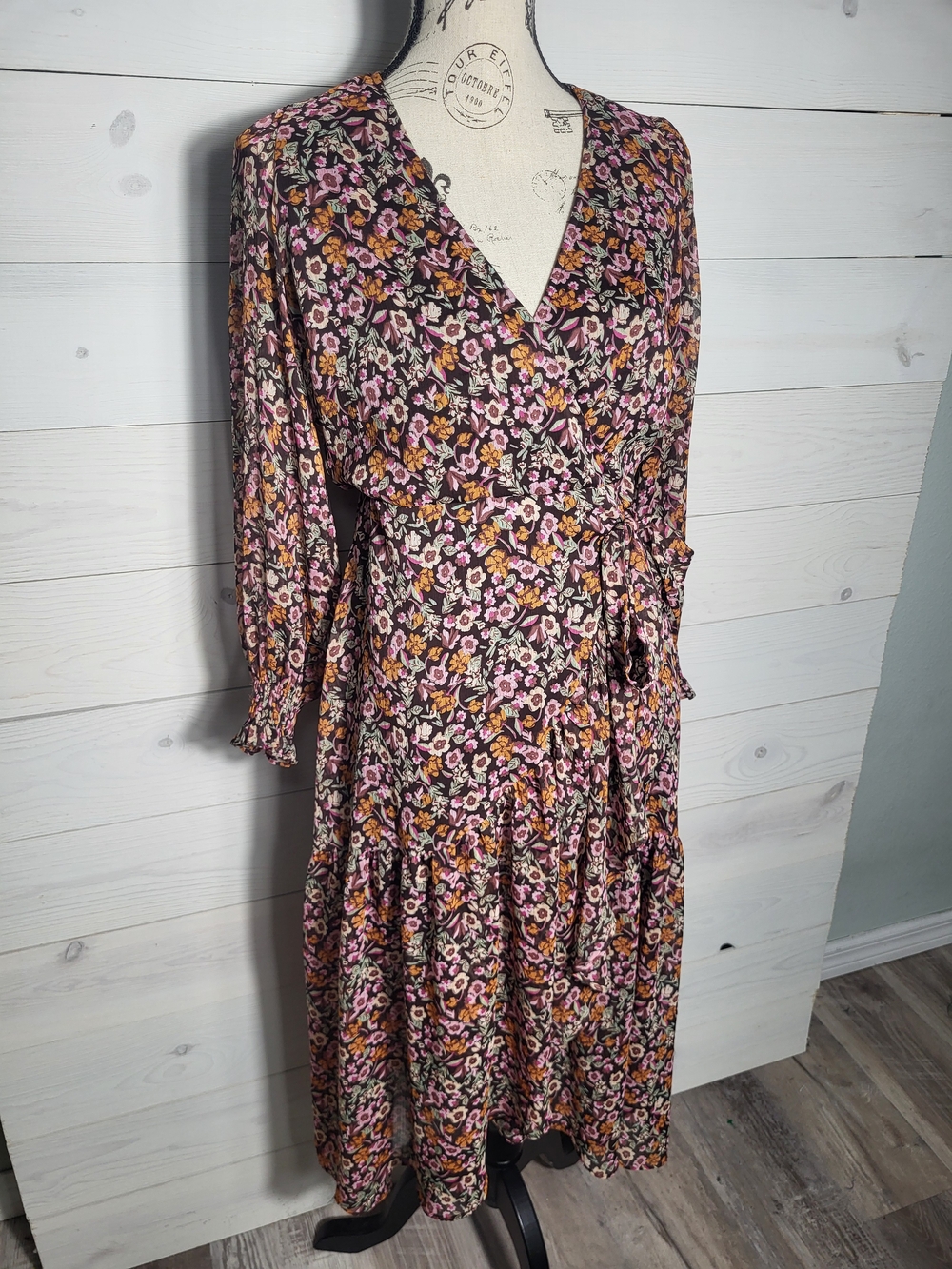 LC Lauren Conrad Dress Floral Midi Wrap Ruffle BOHO Cottagecore Fall Petite.